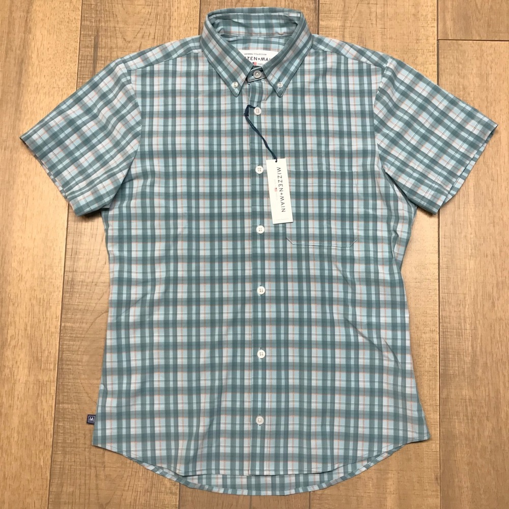 Mizzen + Main Shirt Mens S Green Leeward‎ Plaid Button Up Performance Trim Fit